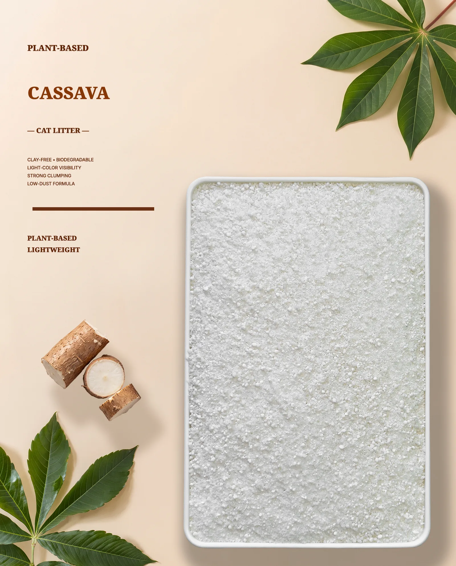 Lightweight plant-based cassava cat litter granules