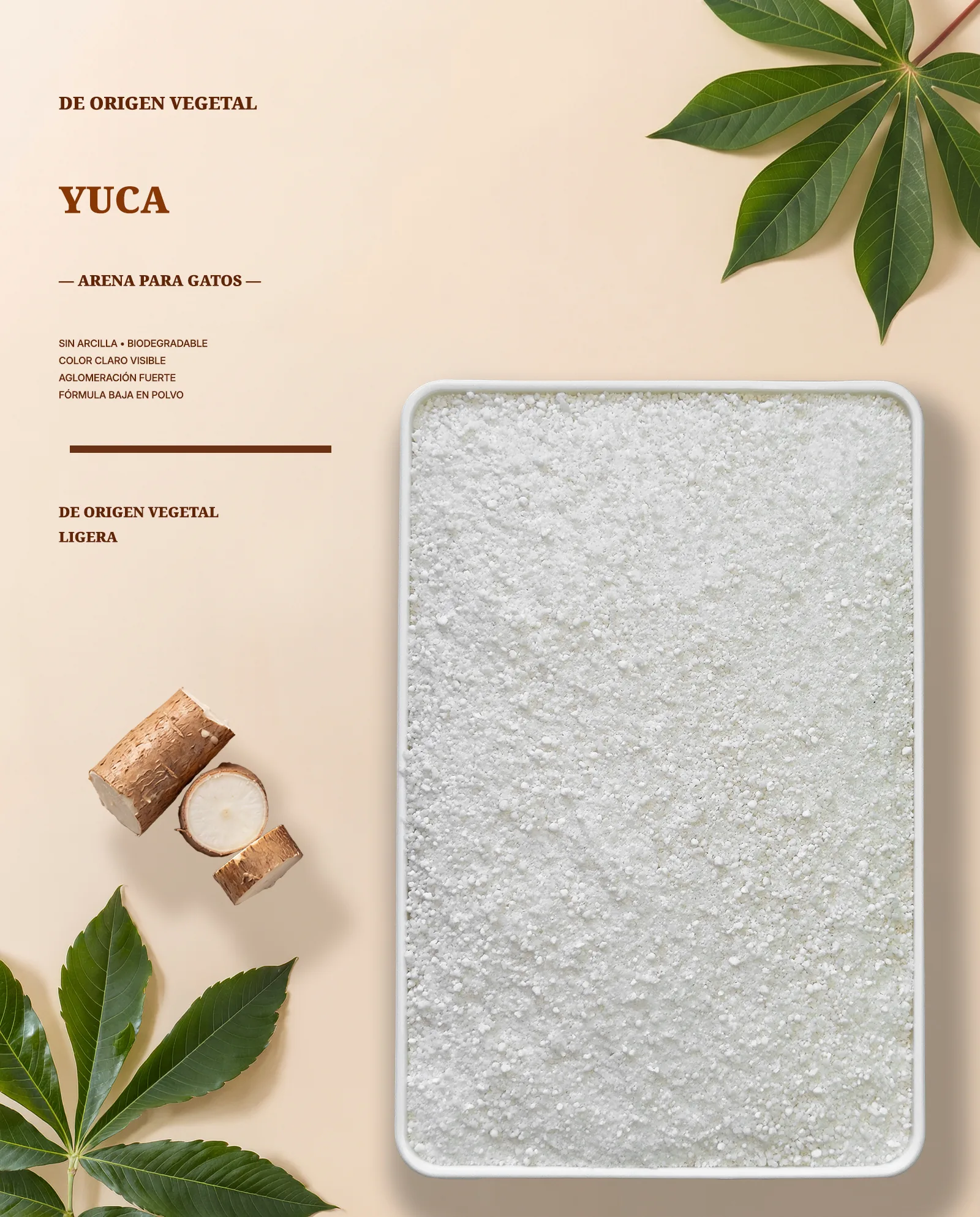 Arena vegetal ligera de yuca para gatos