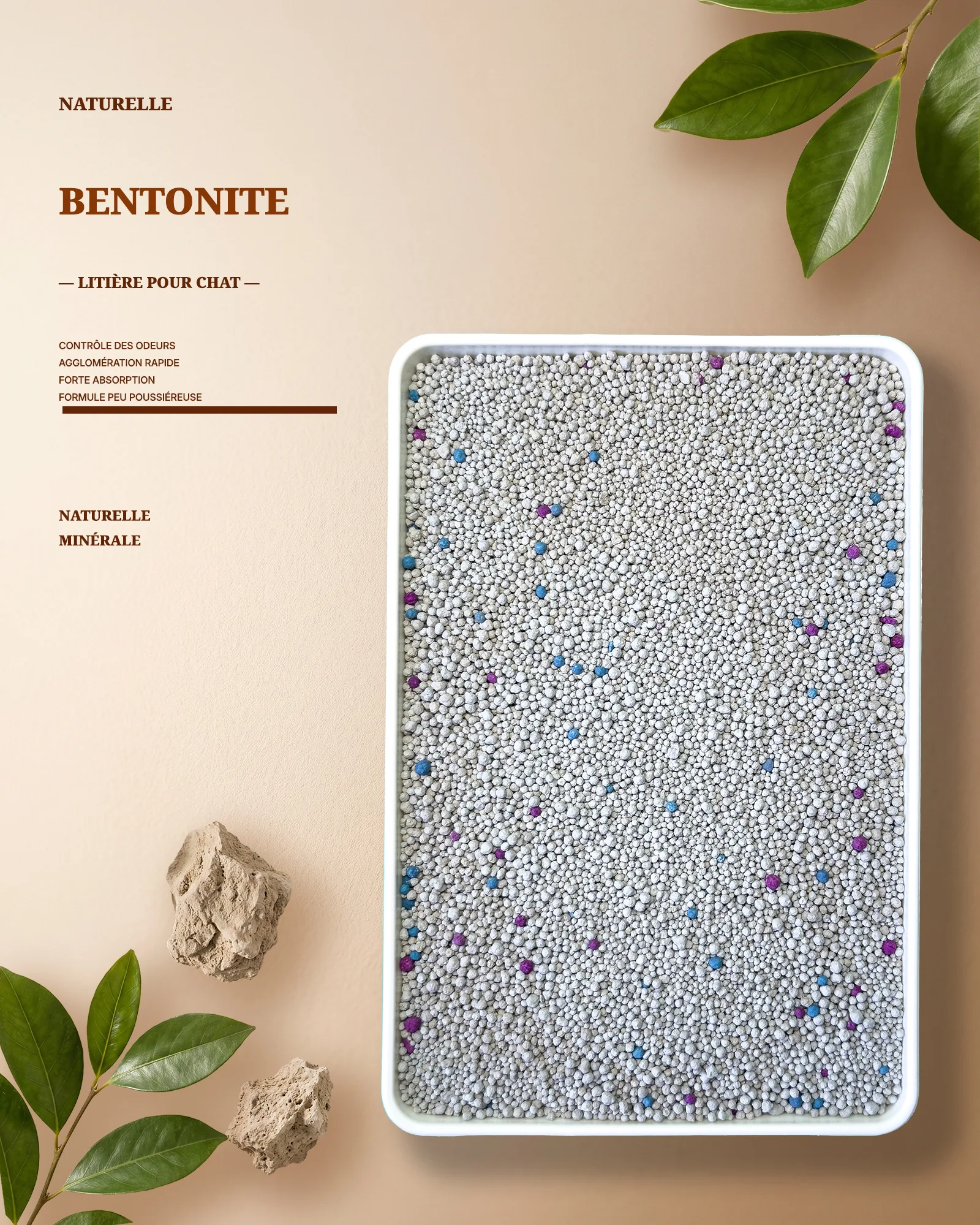 Litière agglomérante naturelle en bentonite à granulés sphériques