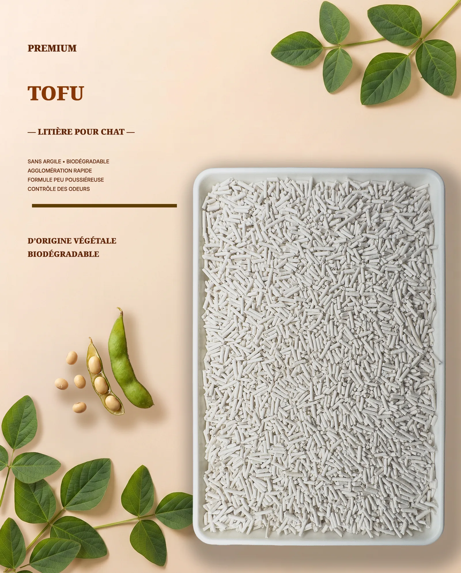 Granulés de litière végétale au tofu