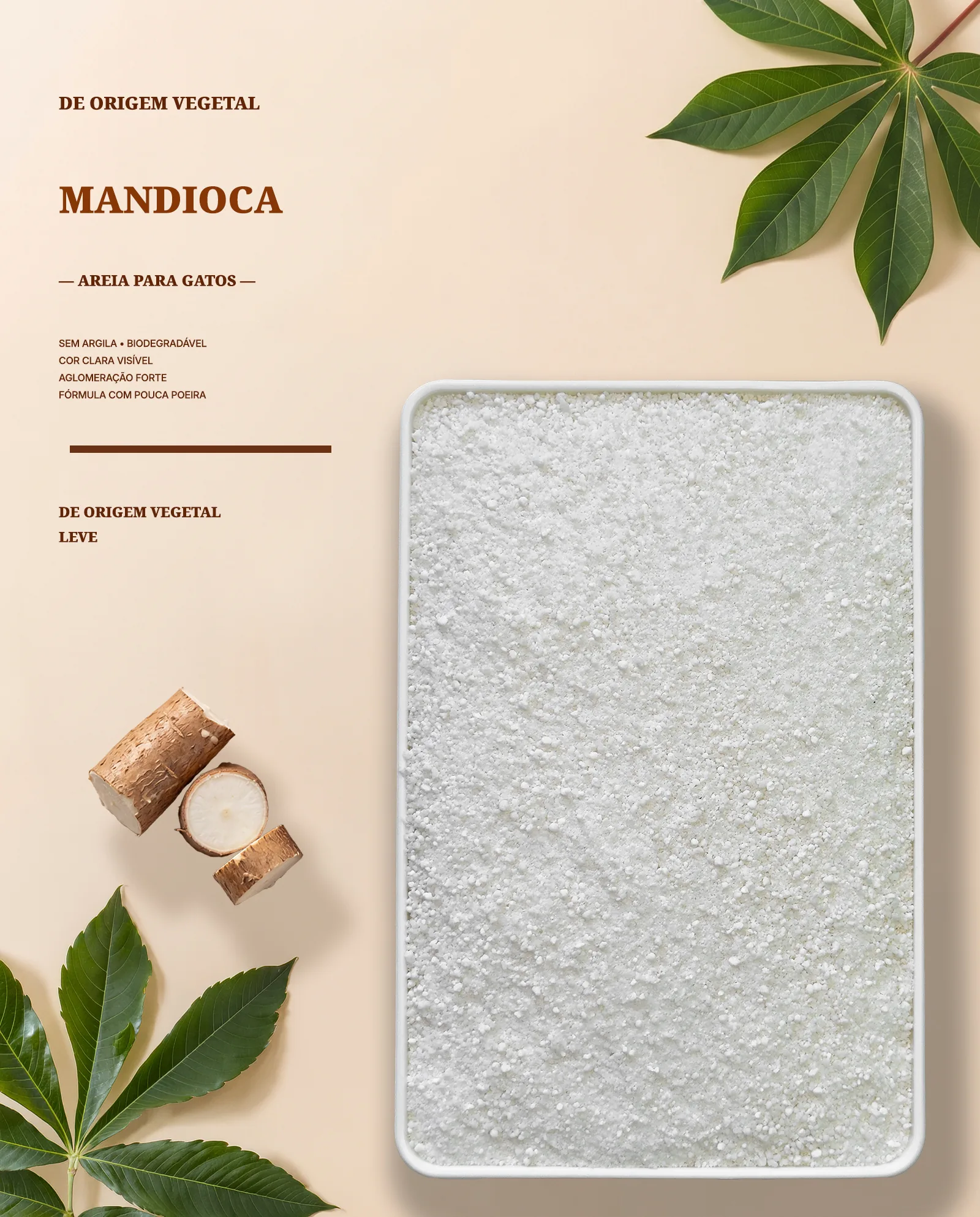 Areia vegetal leve de mandioca para gatos